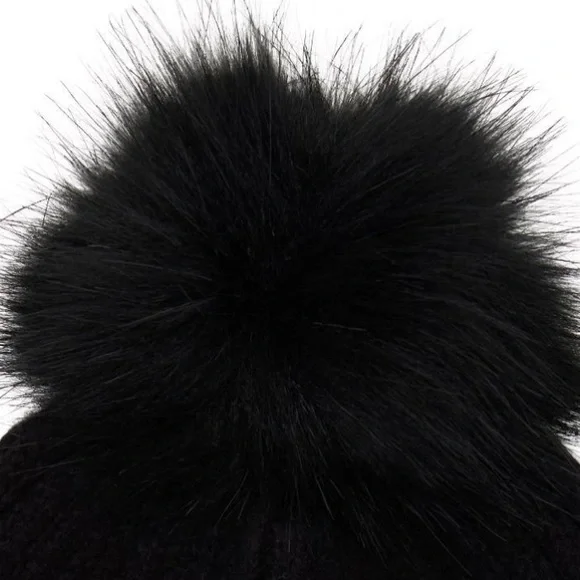 TIME AND TRU  like new Black Knit Beanie with Faux Fur Pom with pearls - Picture 4 of 4